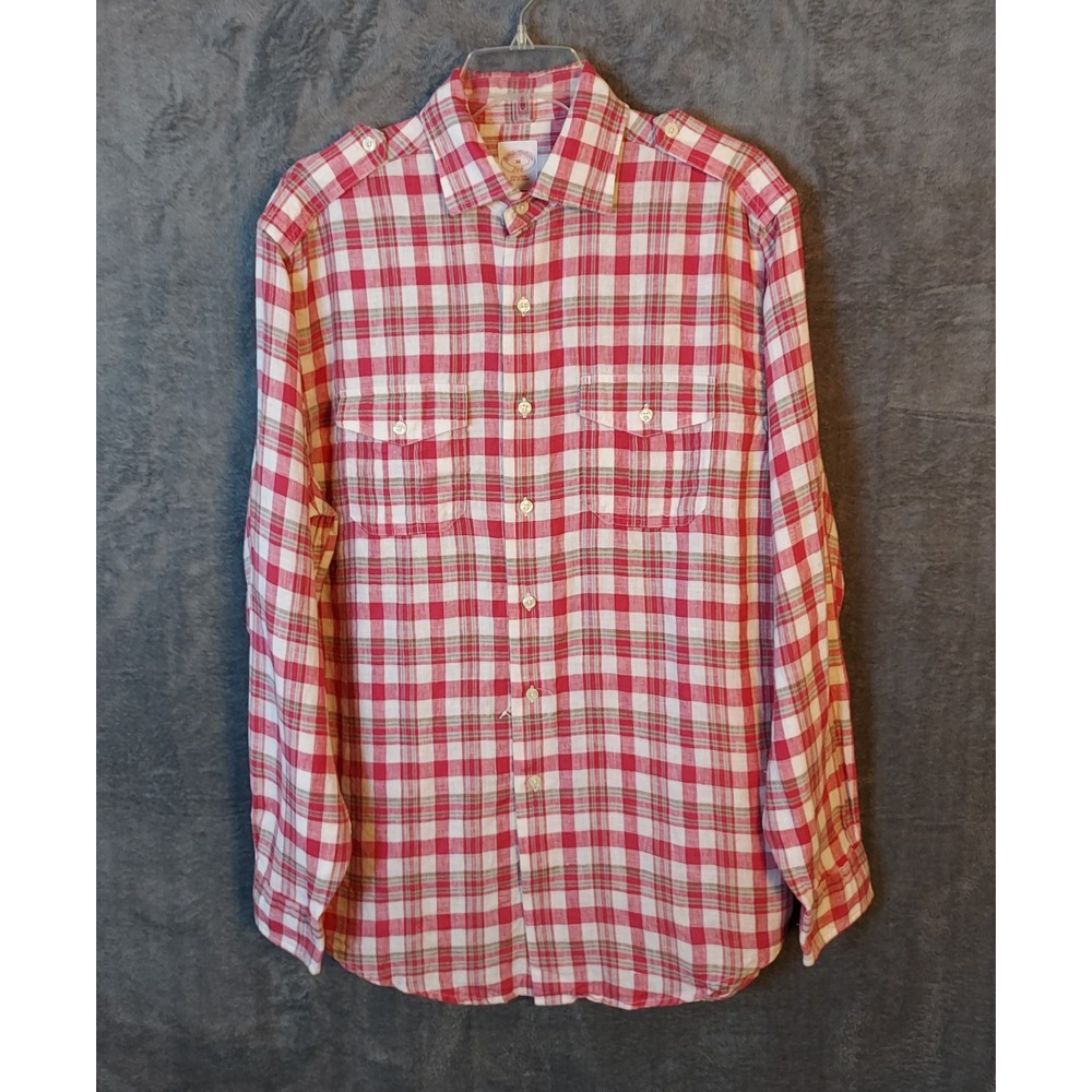 NWOT Brooks Brothers 346 Shirt Mens Medium 100% Linen Red White Check Epaulettes